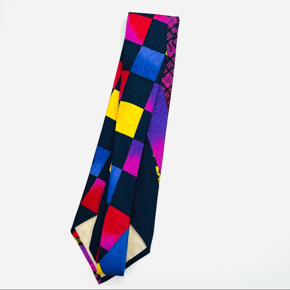 Gianni Versace Multicolored Color Block Plaid Floral Vintage Silk Tie - Picture 10 of 12